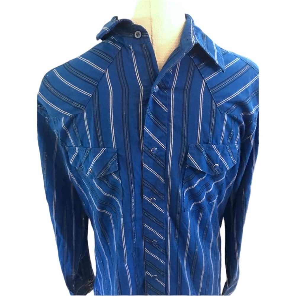 Vintage Wrangler Western Dress Blue Pearl Snaps Long Sleeve Shirt